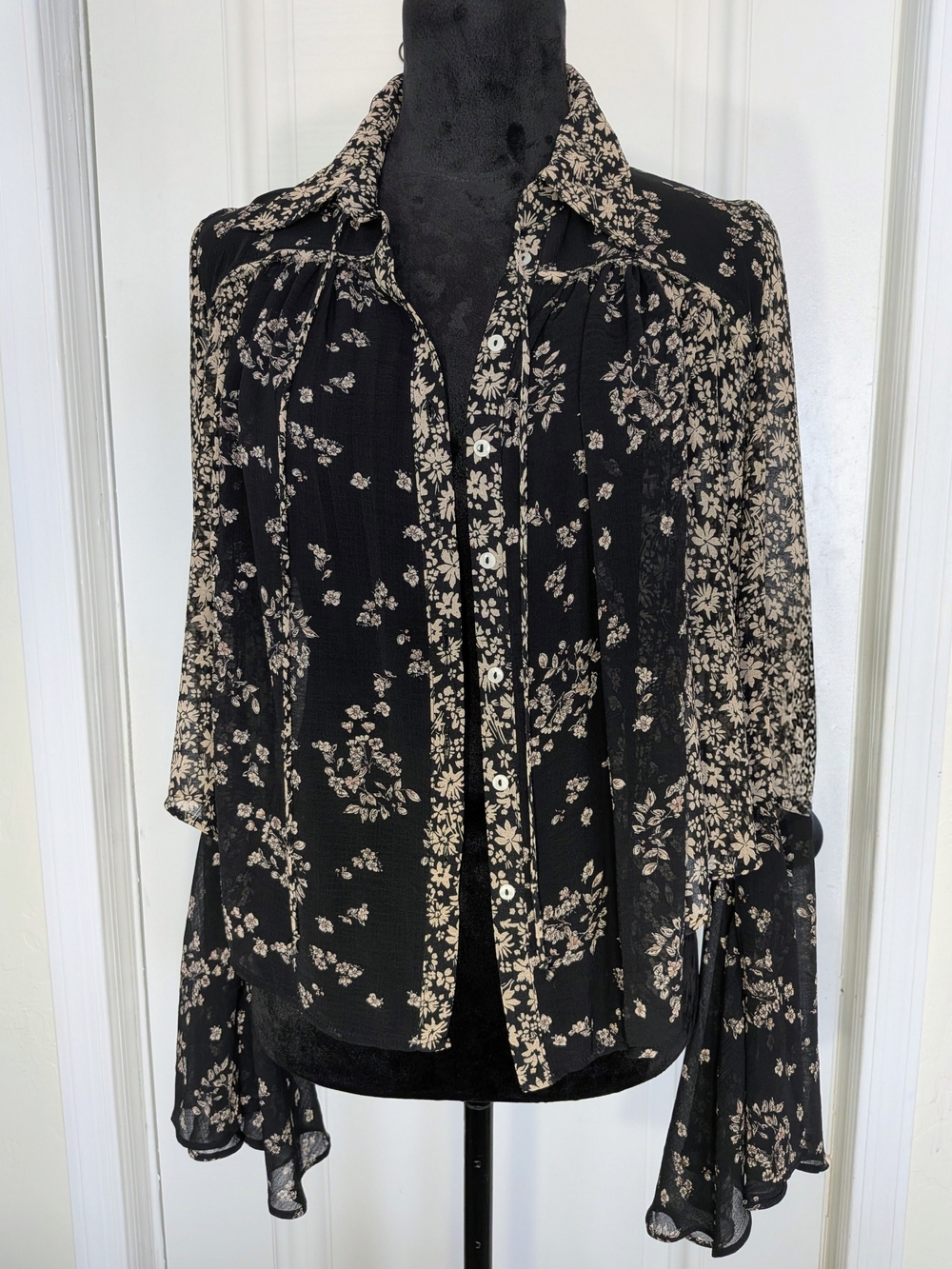 Free People Black Blouse with Cream Floral Print